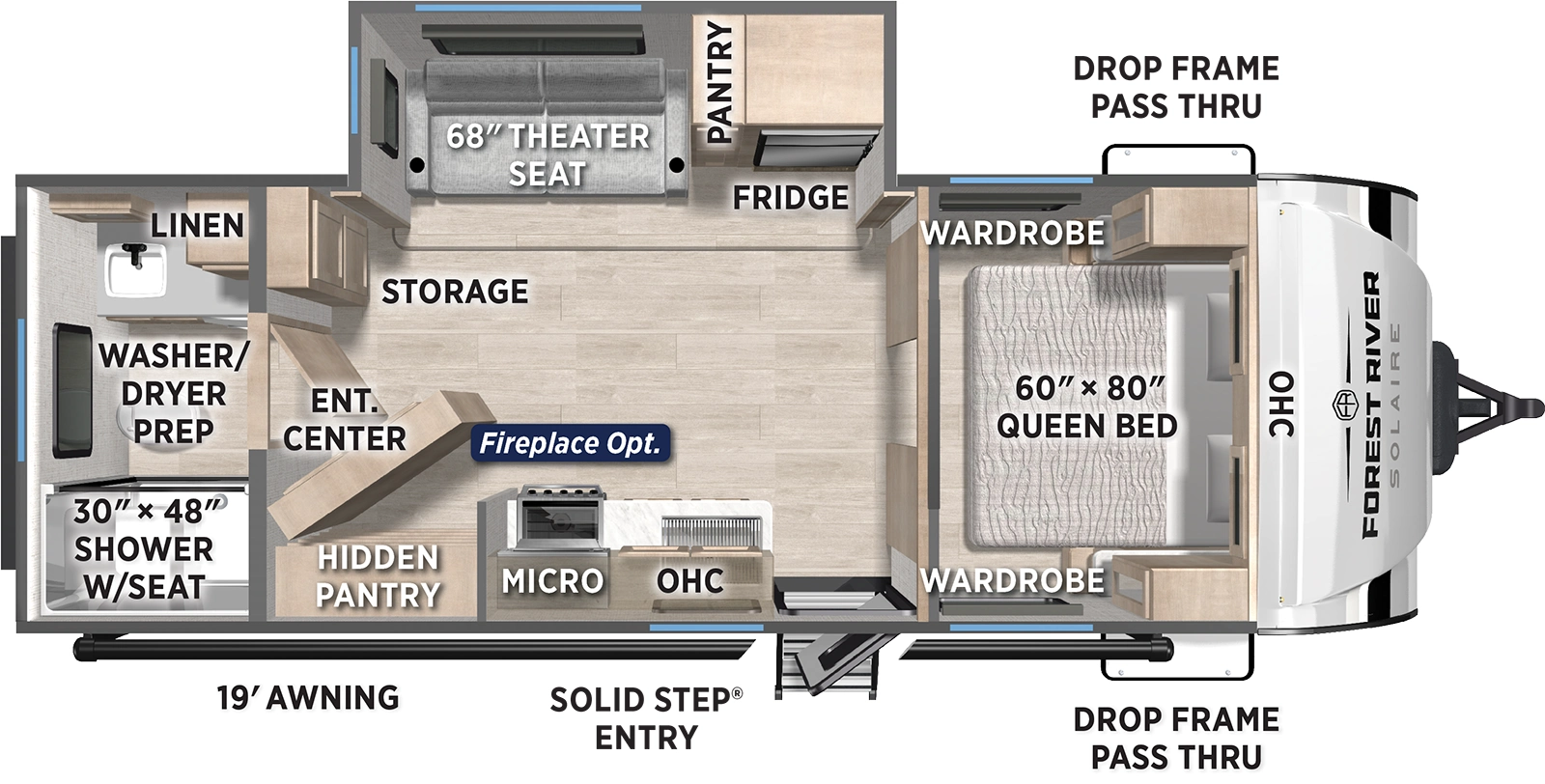 The SolAire Ultra Lite 2420RBS floorplan has one entry and one slide out. Exterior features include: fiberglass exterior and 19' awning. Interiors features include: front bedroom and rear bathroom.